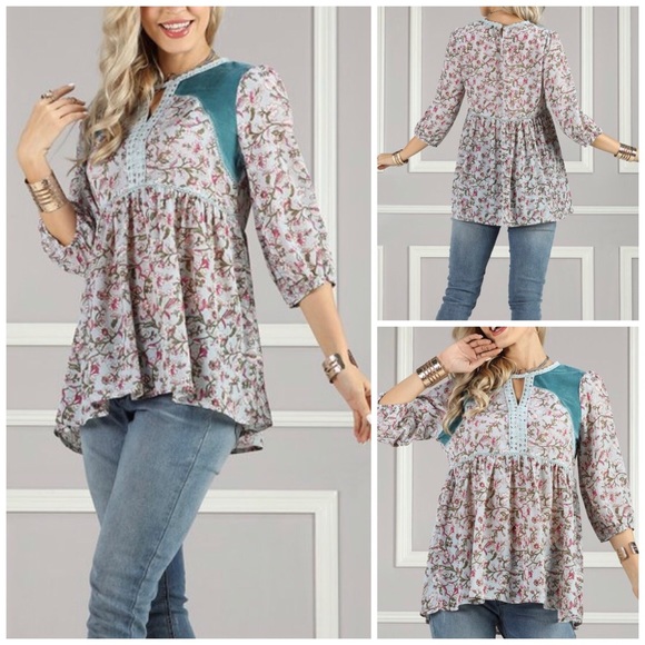 Suzanne Betro Tops - SUZANNE BETRO | Blue Floral Velvet-Trim Tunic